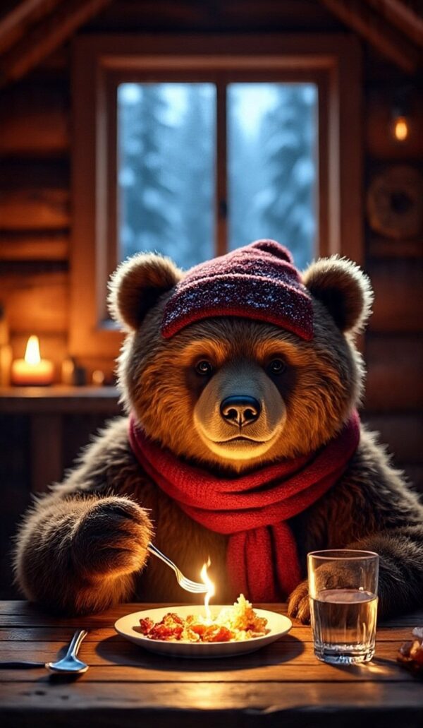 Winter Bear Printable Wall Art – Cute Cozy Cabin Scene Digital Download for Kids Room & Holiday Decor