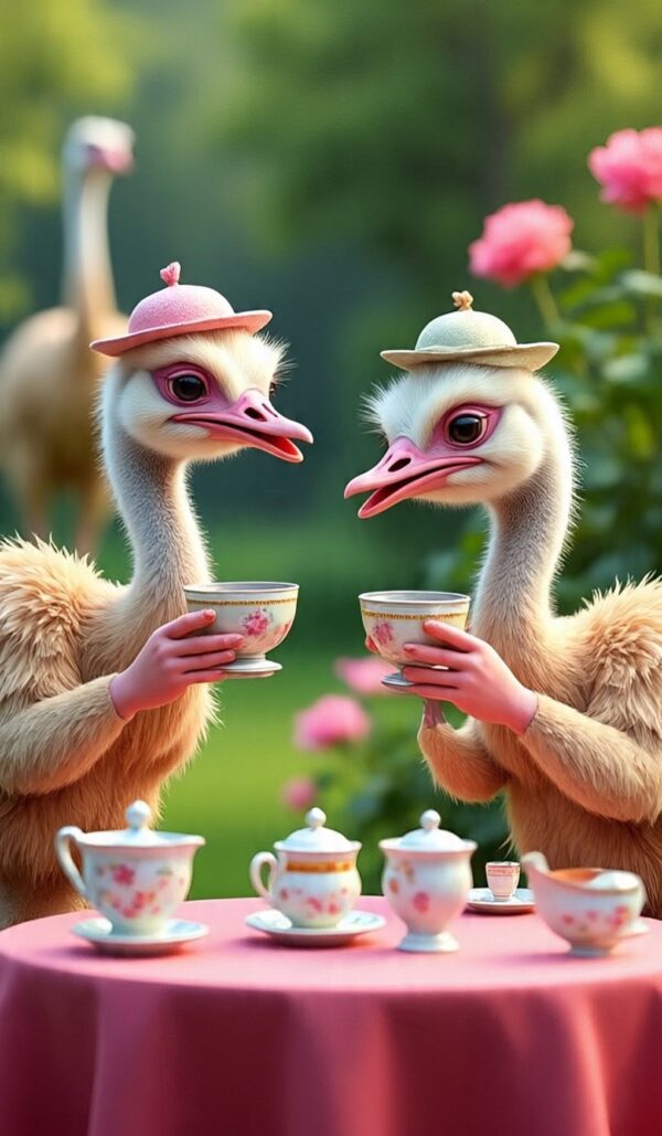 "Elegant Ostrich Tea Party" – Whimsical Fantasy Animal Art Print - Image 5