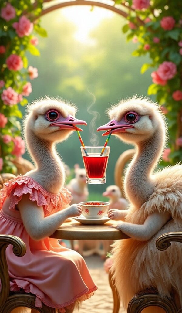"Elegant Ostrich Tea Party" – Whimsical Fantasy Animal Art Print - Image 2