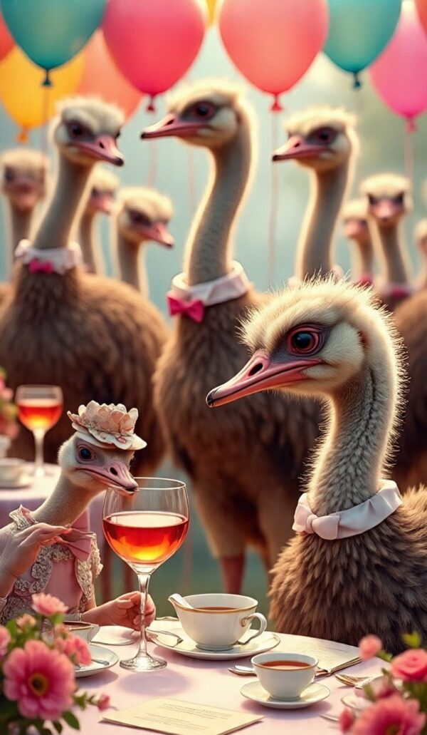"Elegant Ostrich Tea Party" – Whimsical Fantasy Animal Art Print - Image 4