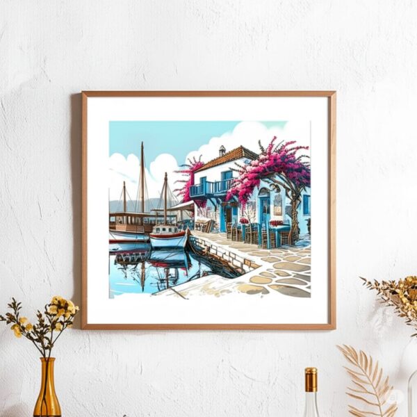 Harbor Serenity-Greek Seaside Cafe Art Print - Image 3