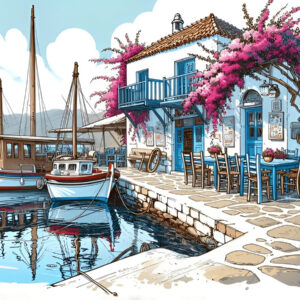 Harbor Serenity-Greek Seaside Cafe Art Print