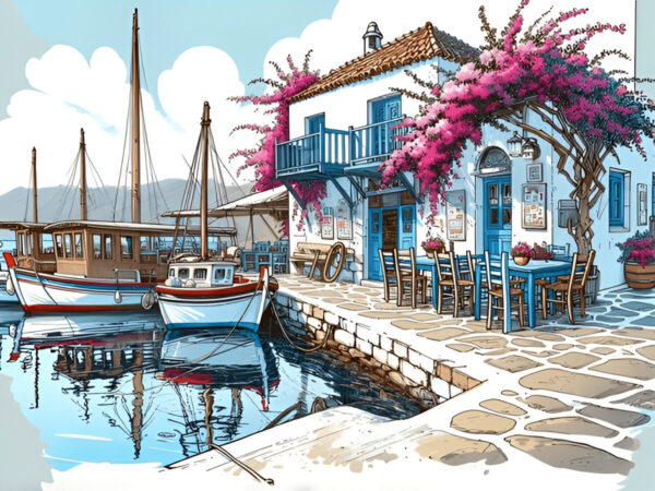 Harbor Serenity-Greek Seaside Cafe Art Print - Image 2